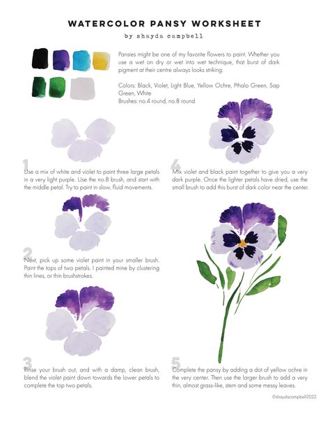 Pansy Flower Watercolor, Pansies Watercolor Painting, Flower Watercolor Tutorial Step By Step, How To Paint Violets, Watercolor Pansy Tutorial, Pansy Watercolor Paintings, Watercolor Tutorial Flowers, How To Draw Pansies, Watercolor Paintings For Beginners Flowers