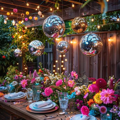 Fun ideas for a disco garden party. Inspiration for your next disco garden party. Diy Themed Birthday Party, Festival Inspired Party, Micro Wedding Themes, Summer Ball Decorations, Summer Disco Party, Garden Engagement Party Ideas, Romantic Garden Party, Funky Party Decor, Retro Disco Birthday Party