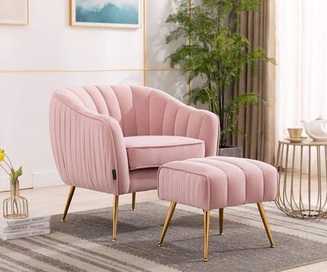 Velvet Art Deco style chair with ottoman footrest, best chairs for book lovers Office And Guest Room, Comfy Reading Chair, Modern Tub, Kursi Bar, Foot Rest Ottoman, Chair With Ottoman, Set Sofa, Pink Chair, Club Chair