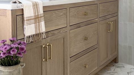 The Perfect Stain For Our White Oak Vanities  — designwithbernice Kitchen Cabinet Stain Colors, White Oak Stain, Cabinet Stain Colors, White Oak Kitchen Cabinets, Best Wood Stain, Weathered Oak Stain, Painted Vanity Bathroom, Franklin Homes, White Oak Kitchen