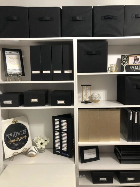 Professional Organizer Aesthetic, Office Bookshelf Organization Ideas, Organized Office At Work, Office Bookshelf Organization, Working Room Ideas, Organize Office At Home, Office Shelf Organization, Office Filing Cabinet Ideas, Office Stationary Organization