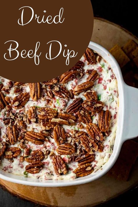 Made with just a handful of ingredients, this hot Dried Beef Dip is perfectly creamy, salty and ultra easy to put together in just a few minutes. Some roasted pecans, cream cheese, dried beef and other seasonings, this hot, bubbly dip is always a hit at parties. Hot Dried Beef Dip Recipes, Hot Virginia Dip Recipe 12 Tomatoes, Hot Virginia Dip, Hot Dried Beef Dip, Recipes Using Dried Beef, Hot Beef Dip, Hot Chipped Beef Dip Recipes, Hot Dips With Cream Cheese, Hot Virginia Dip Recipe