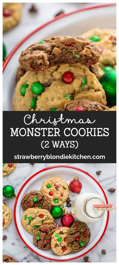 This recipe for Christmas Monster Cookies 2 ways will please both traditionalists and double chocolate lovers alike! #Christmas #cookies #monstercookies #Christmascookies #dessert #strawberryblondiekitchen Christmas Monster Cookies, Recipe Oatmeal, Cookies Peanut Butter, Monster Cookies Recipe, Cookies Baking, Oatmeal Cookie Recipes, Cookie Time, Christmas Food Desserts, Christmas Cooking