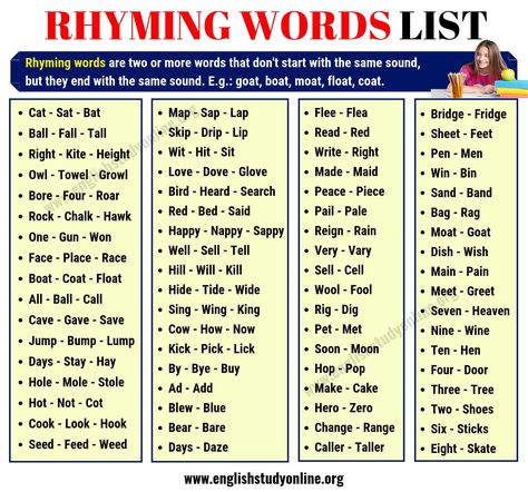 Rhyming Words | List of 70+ Interesting Words that Rhyme in English - English Study Online Rhyme Words Kindergarten, Rhyming Words For Preschoolers, Rhyming Words Activities Kindergarten, Rhyming Words Worksheets Grade 2, Words That Rhyme List, Words That Rhyme, Rhyming Words List, Rhyme Words, Rhyming Words For Kids