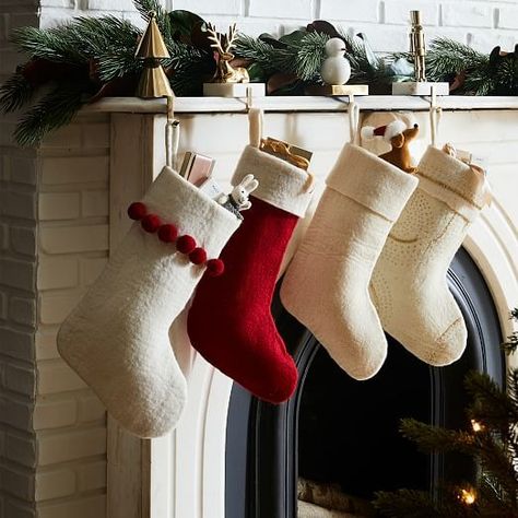 Christmas Decorations | West Elm Christmas Stocking Photography, Fireplace Stockings Christmas, Christmas Stockings On Mantle, Classic Stockings Christmas, Family Christmas Stocking, Scandinavian Stockings Christmas, Scandinavian Christmas Stocking, Fur Stockings Christmas, Homemade Stockings Christmas