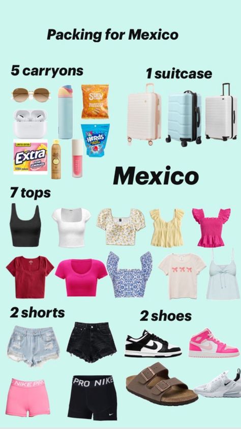 Created by cagriffis on Shuffles Pack For Mexico, Travelling Essentials, Trip Essentials Packing Lists, Mexico Packing List, Sleepover Essentials, Preppy Vacation, Preppy Things, Travel Bag Essentials, Spring Formal