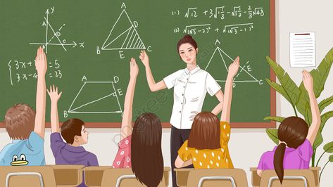 Teacher Teaching In Classroom Drawing, Classroom Scene Drawing, Teacher Illustration Teaching, Teacher Images Teaching, Student Illustration School, Teacher Art Illustration, Teacher Drawing Cartoon, Students Raising Hands, Teacher And Student Illustration