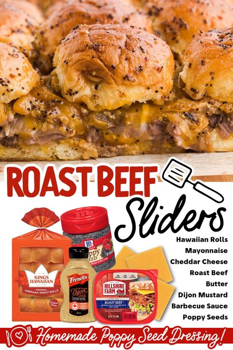 Close up shot of roast beef sliders and the ingredients used for the sliders. Roast Beef Lunch Meat Ideas, Canned Roast Beef Recipes Dinners, Roasted Beef Sandwich, Poker Food, Roast Beef Lunch, Roast Beef Sliders Recipes, Gameday Recipes, Sliders Recipes Beef, Easy Slider Recipes