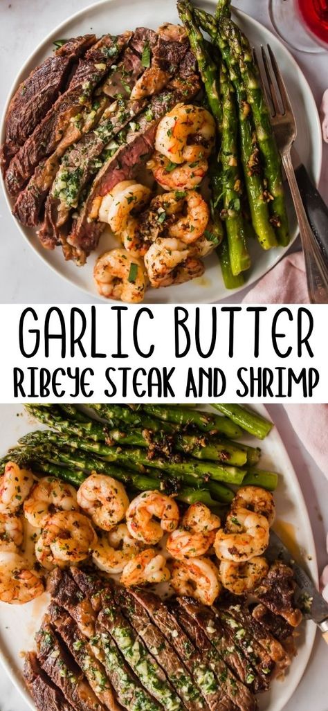 Savory Steak Recipes, Dinner Ideas For Two Steak, Essen, Garlic Butter Steak And Shrimp, Best Steak Dinner Recipes, Good Steak Recipes Dinners, Dinner Ideas For Him, Good Birthday Dinner Ideas, Shrimp With Steak Recipes