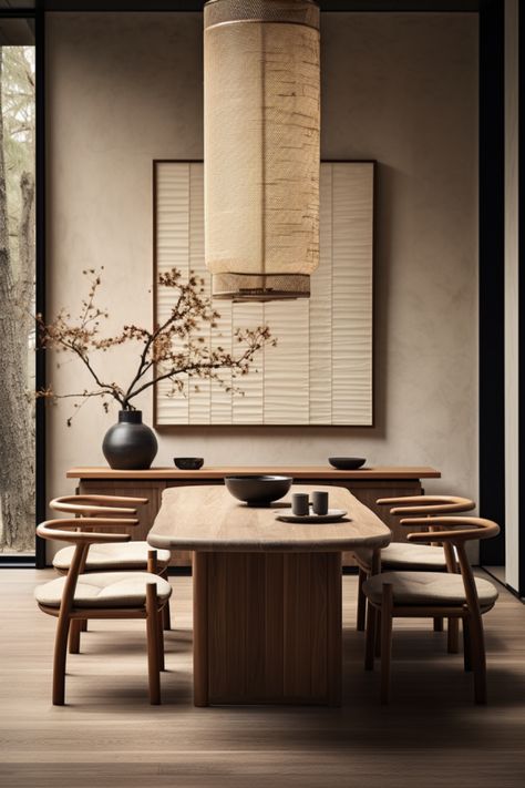 Japandi dining room with wood table, chairs and wall art. Minimal colors and a large potted plant complete the look Japandi Dining Room Design, Japandi Dining Room, Japandi Furniture, Japandi Living Room, Japandi Interior Design, Interior Design Dining, Zen Interiors, Japandi Interiors, Japandi Decor