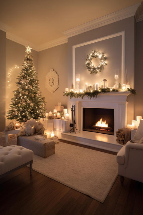 Add a Touch of Magic with Enchanting and Whimsical Holiday Decor in Your Living Room Cozy House With Fireplace, Bloxburg Ideas To Fill Up Space, Christmas Cozy Living Room, Christmas Decor In Living Room, Christmas House Interior Living Rooms, Christmas Tree Fireplace Decor, Leather Couch Christmas Decor, Living Room Ideas For House, Christmas Decor Ideas Luxury