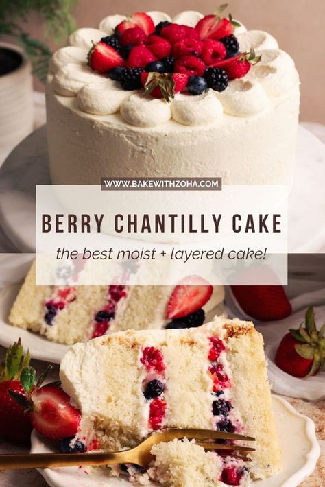 Today, we're sharing this easy-to-follow Whole Foods inspired Berry Chantilly Cake that is the perfect summer dessert with how fresh, light, and delicious this sweet treat is. This layer cake is moist and tender vanilla cake layers, a luscious light mascarpone chantilly cream frosting and lots of berries. Whether you bake this delicious cake for a birthday, as your summer dessert for gatherings, or a special occasion, it will leave a crowd impressed. Find the recipe at bakewithzoha.com Berry Cakes Recipe, Fruit Layered Cake, Wedding Fruit Cake Recipe, Cakes With Fruit Filling, Fresh Fruit Cake Recipe, Fruit Cakes Birthday, Fruit Flavored Cakes, Vanilla Fruit Cake Recipe, Berry Chantilly Cake Recipe