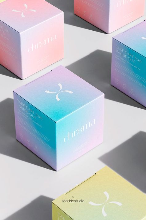 Packaging for Chrxma: a concept skincare & cosmetics brand 🛁 #branddesign #graphicdesign #packagingdesign #gradient #pastel #logo #moisturizer #selfcare Gradient Box Packaging, Gradient Skincare Packaging, Skin Care Design Ideas, Ethereal Packaging, Pastel Packaging Design, Gold Skincare Packaging, Gradient Packaging Design, Iridescent Packaging, Spa Packaging