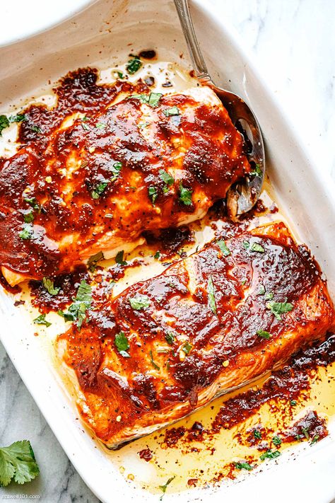 Oven Baked BBQ Salmon - #salmon #recipe #bbq #eatwell101 - Baked BBQ Salmon is so quick and easy. With only two key ingredients and minimal cleanup, this baked salmon recipe makes a stress-free dish for any lunch or weeknight dinner. - #recipe by #eatwell101® Pan Seared Teriyaki Salmon, Salmon Barbeque Recipes, Korean Bbq Salmon, Bbq Salmon Recipes In Foil, Bbq Sauce Salmon, Salmon Recipes Bbq, Barbeque Salmon, Baked Bbq Salmon, Best Salmon Recipe Baked