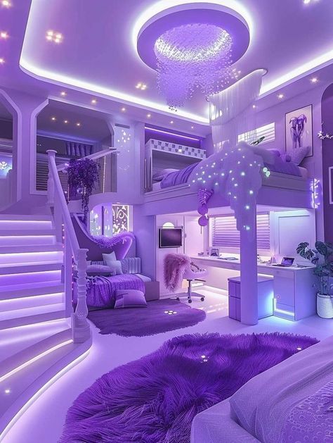 Cute Bedroom Ideas For Big Rooms, Purple House Aesthetic, Purple Room Ideas Bedrooms, Crazy Bedrooms, Purple Bedroom Aesthetic, Cuartos Aesthetic, Purple Bedroom Decor, Luxury Kids Bedroom, Amazing Bedroom Designs