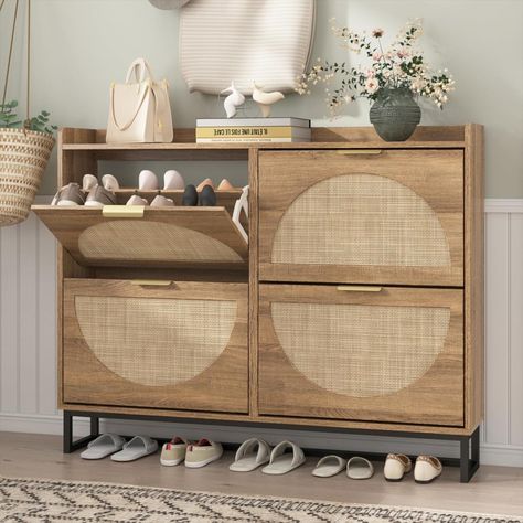 Omg this is the storage solution I need for my entry! This one is slim/narrow with four flip down shoe shelves. Cleans up your entry way plus, its super pretty! #rattan #storage #shoerack #shoeshelf #shoes #shoecabinet #shelves #islanddecor #beachhouse #storagesolutions #decorrefresh #designinspo #welcomehome Home Entryway Ideas Shoe Storage, Neat Storage Ideas, Small Entry Way Shoe Rack, Entryway Decor With Shoe Storage, Home Entryway Design, Bench With Hidden Shoe Storage, Shoes Storage Cabinet, Entry Table Shoe Storage, Entry Way Shoe Cabinet Ideas