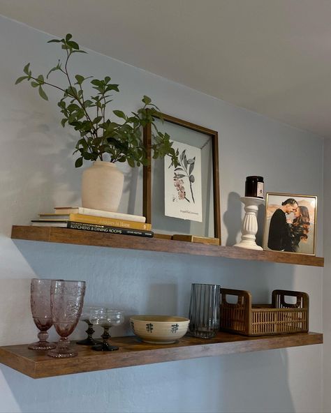 Shelf Behind Dining Table, How To Style Floating Shelves Dining Room, Breakfast Nook Floating Shelves, Shelf Decor Dining Room Wood Shelves, Shelf On Large Wall, Shelf Above Sideboard, Floating Wood Shelves Dining Room, Dining Area Floating Shelves, Dining Room Decor Shelves