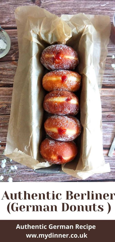 Berliner Donuts. German Donuts. German Berliner Recipe, Bismarck Donut Recipe, German Doughnut Recipe, Berliners Recipes, German Donuts Recipe, Overnight Donut Recipe, Berliner Donut Recipe, German Baked Goods, Bismark Donut