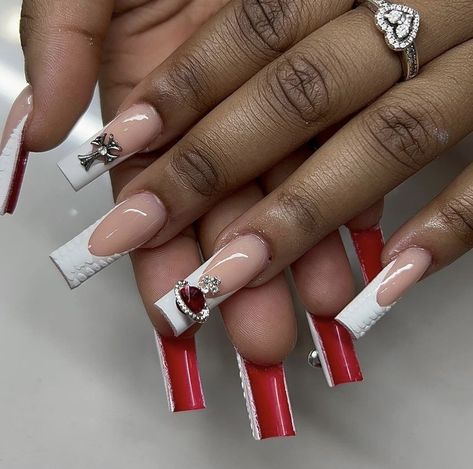 Red Bottom Nails, Sweet 16 Nails, Prom Nails Red, Red And White Nails, Red Acrylic Nails, Long Acrylic Nail Designs, Colored Acrylic Nails, White Acrylic Nails, French Tip Acrylic Nails