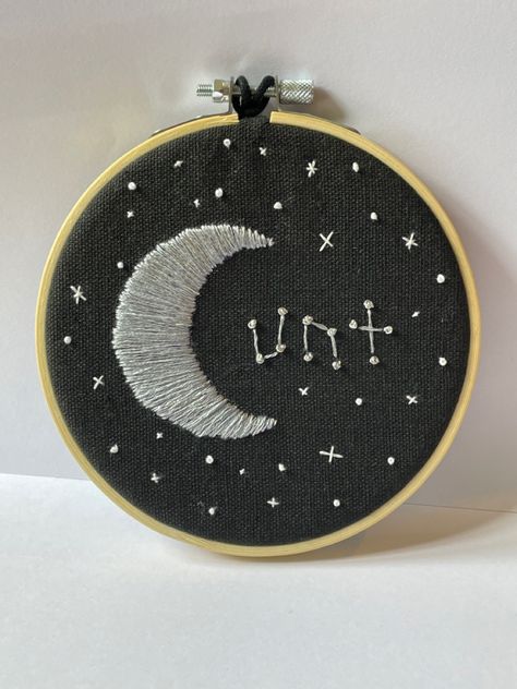 Embroidery Crescent Moon, Moon And Stars Embroidery Design, Moon And Stars Embroidery Pattern, Embroidery Designs On Black Fabric, Black Background Embroidery, Moon And Star Embroidery, Moon Phases Embroidery, Black Fabric Embroidery, Black Embroidery Designs