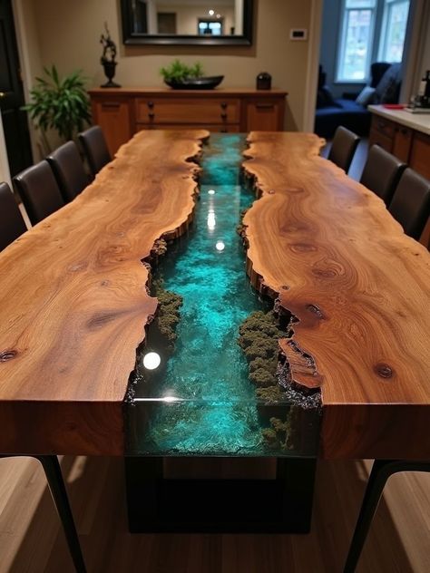 Live edge, epoxy river dining table. It's crazy how the epoxy is done in such a way that it looks like there's a bit if a drop in the middle, but there's not... smooth sailing. This is a true artist my friends. #woodslab #woodcarving Epoxy River Table Diy, Live Edge Table With Epoxy, Live Edge Epoxy Dining Table, How To Epoxy A Table Top, Epoxy Resin Table Ideas, Epoxy Table Top Ideas, River Tables Epoxy, Live Edge Table Dining Rooms, Epoxy Decor