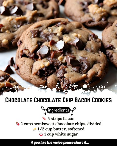 Here's the recipe for Chocolate Chocolate Chip Bacon Cookies: Ingredients: - 🥓 5 strips bacon - 🍫 2 cups semisweet chocolate chips, divided - 🧈 1/2 cup butter, softened - 🍚 1 cup white sugar - 🍫 2 eggs - 🧂 2 teaspoons vanilla extract - 🥣 2 cups all-purpose flour - 🧂 2/3 cup unsweetened cocoa powder - 🥄 3/4 teaspoon baking soda - 🧂 1/4 teaspoon salt Directions: 1. Preheat your oven to 350°F (175°C). Place the bacon in a large skillet and cook over medium-high heat, turning occasionally, un... Bacon Chocolate Chip Cookies, Bacon Chips, Bacon Cookies, Unsweetened Cocoa, Cookies Ingredients, Semisweet Chocolate, Cocoa Powder, Vanilla Extract, Chocolate Recipes