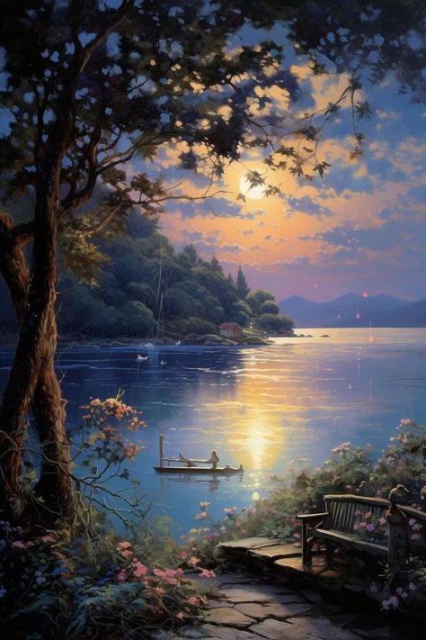 Nature, Beautiful Scenery Nature Painting, Paintings Of Lakes, Beautiful Scenes Nature, Beautiful Scenery Paintings, Goodnight Images, Camping Pictures, Pretty Paintings, Beautiful Landscape Paintings