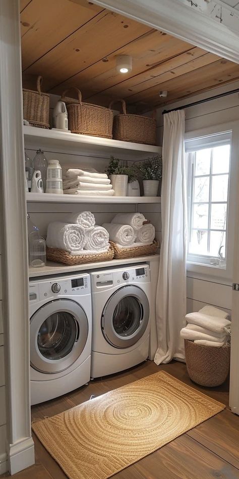 Casual House Decor, Small Laundry Room Dog Space, German Bathroom Ideas, House Design White And Wood, Simple Clean Home Aesthetic, Spa Laundry Room, Laundry Room Ideas Dark Appliances, First House Inspiration, Cozy Laundry Room Aesthetic