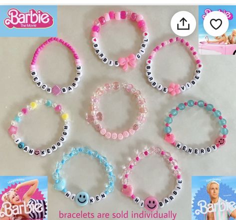 Friendship Bracelets With Beads Words, Barbie Clay Bead Bracelet, Barbie Beaded Bracelet, Barbie Friendship Bracelet, Acrylic Beads Bracelet, Barbie Bracelet Ideas, Barbie Beads, Barbie Friendship, Barbie Bracelets