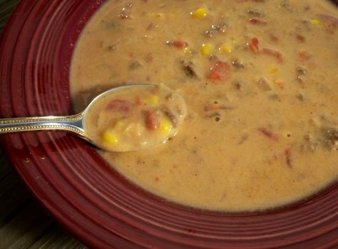 This is so good! It's nice and cheesy and oh so easy to put together. Really good with slices of hot cornbread. I got this recipe from my Mother who is a wonderful cook. Cook time is time it takes to melt the cheese in the soup mixture. Sante Fe Soup, Santa Fe Soup, Bday Food, African Stew, Light Dinners, Can Corn, Soup With Ground Beef, Sante Fe, Stewed Tomatoes