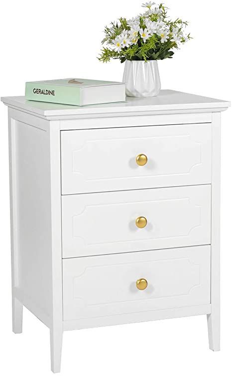 White Night Stands Bedroom, Cute Drawer Knobs, Pedestal Bedroom Side Tables, White Side Table Bedroom, White Bed Side Table, White Nightstand Bedroom, Night Stand White, Bedroom With Storage, Bedroom End Table