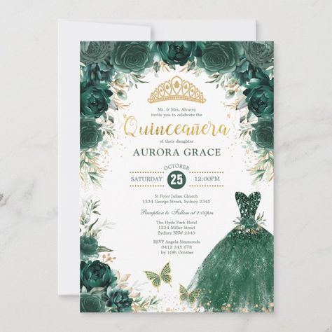 Emerald Green Gold QuinceaÃ±era Mis Quince 15 Anos Invitation Zazzle Butterfly Sweet 16, Quinceanera Tiaras, Floral Birthday Invitations, Princess Invitations, Glitter Crown, Floral Birthday, Sweet 16 Invitations, Quinceanera Invitations, Save The Date Cards