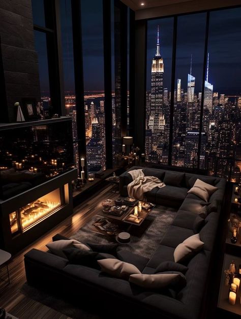 ♔ Penthouses aux Décors Sombres Luxury Nyc Penthouses, Nyc Penthouse Luxury, New York Penthouse Luxury, Luxury Penthouse Living Room, Penthouse Apartment Aesthetic, Modern Penthouse Apartment, Penthouse Aesthetic, Penthouse Living Room, Penthouse Luxury