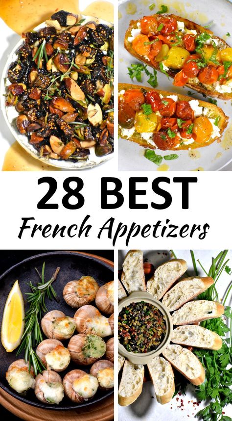 French Bistro Food Recipes, French Catering Ideas, Unique Restaurant Appetizers, French Party Recipes, Fancy French Food, French Appiterzers, Simple French Appetizers, French Inspired Meals, Entre Ideas Food