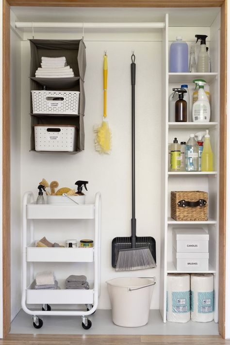 6 Smarter (and Safer) Ways to Store Your Cleaning Supplies Cleaning Tools Storage Small Spaces, Closet Organization For Cleaning Supplies, Organising Cleaning Products, Laundry Room Ideas Cleaning Supplies, Where To Put Cleaning Supplies, Pantry Cleaning Supplies, Cleaning Storage Organization, Cleaning Pantry Organization, Cleaning Rack Organization