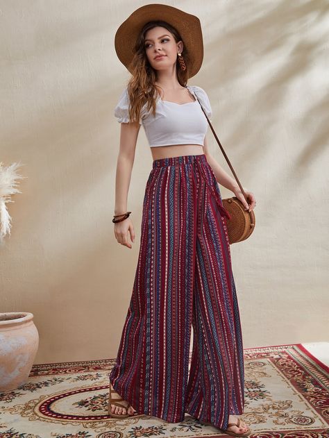 SHEIN Mulvari Mixed Print Tassel Knot Waist Palazzo Pants | SHEIN USA Palazzo Pants Outfit Indian Casual, Printed Palazzo Pants Outfit, Palazzo Pants Outfit Indian, Western Boho Outfits, High Waist Loose Pants, Palazzo Outfit, Palazzo Pants Outfit, Thailand Outfit, Kalamkari Dresses