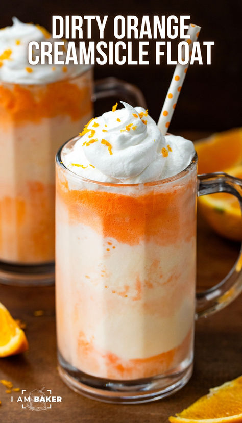 This Dirty Creamsicle Float is a boozy twist on a classic creamsicle, made with ice cream, orange soda, and vanilla vodka. It’s a beautiful drink, but, this adult beverage still packs a punch when it comes to the alcohol! Imagine having a few sips on a hot summer day! Creamsicle Drink Alcohol, Cream Cicle Drink, Drink Garnish Ideas, Creamsicle Recipes, Creamsicle Float, Alcoholic Ice Cream, Ice Cream Punch, Summertime Desserts, Beverages Recipes