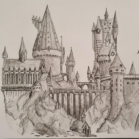 Ink pen hogwarts drawing The Colloseum Drawing, Sketch Ideas Harry Potter, Vintage Castle Drawing, Hogwarts Sketch Easy, How To Draw Hogwarts Castle, Harry Potter Castle Painting, Chamber Of Secrets Drawing, Hogwarts Sketch Castle, Harry Potter Castle Drawing