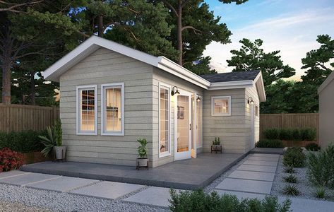 350 sq. ft. L-Shaped ADU in Redwood City | Cottage Tiny Granny Flat, L Shaped Cottage Plans, Small Backyard Adu, L Shaped Addition Exterior, Backyard Studio Plans, Backyard Granny Flat, Adu Designs Cottage, Adu Attached To House, L Shaped Adu Plans