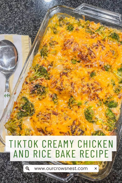 This TikTok Chicken and Rice recipe is so delicious and easy that you’ll want to make this for your family every week!  Juicy chicken breasts, and flavorful rice, topped with an onion seasoning and shredded cheese is the perfect and easiest dinner for weeknights.  Everything is mixed in one baking dish and baked in the oven. Oven Chicken And Rice Easy Dinners, Rice And Shredded Chicken Recipes, Oven Baked Chicken Breast And Rice, Chicken Breast And Rice Recipes Oven, Dump And Bake Chicken And Rice, Chicken And Rice Recipes Oven, Dump And Bake Cheesy Chicken And Rice, Oven Baked Chicken And Rice Recipes, Chicken And Rice In The Oven