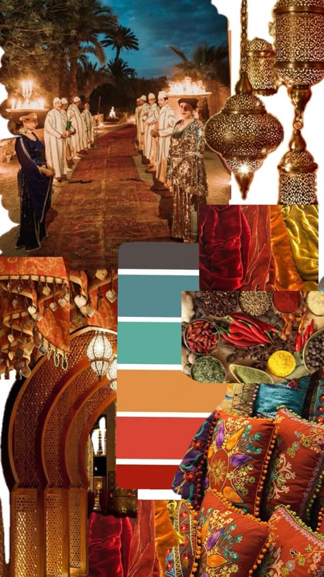 Arabian Nights Moodboard, Arabian Nights Color Palette, Persian Party Theme, Arabic Mood Board, Sufi Night Decor Outdoor Weddings, Arabian Color Palette, Arabian Nights Decor, Bollywood Party Theme, Arabic Night Party Ideas