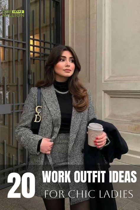 Woman in stylish business attire holding coffee, with text "20 Work Outfit Ideas for Chic Ladies". Elegant Business Attire Women, Glam Business Outfit, Business Professional Accessories, Work Formal Outfits Women, Corporate Women Outfit, Executive Looks For Women, Office Skirt Outfits Women, Blazer And Pencil Skirt, Boss Lady Outfit