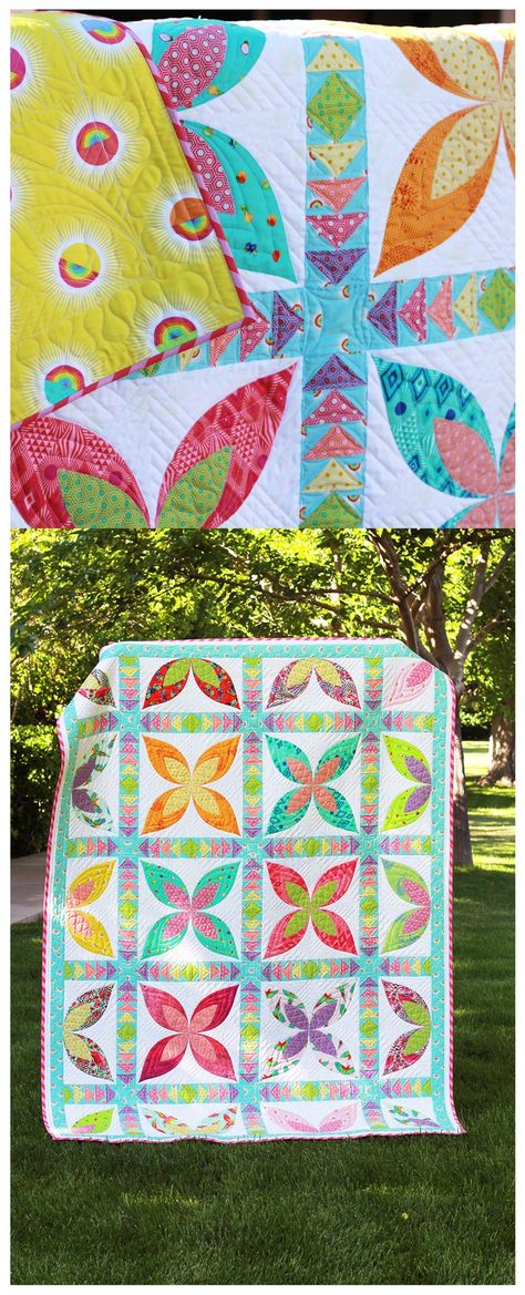 Paradise by On Williams Street is an easy applique quilt  pattern that is perfect for the beginner or advanced quilter. Bright bold  fabrics will bring a taste of the tropics to any room. Create a scrappy version  with lots of fun colors and prints. PDF pattern with multiple quilt sizes. #ModernQuilt  #AppliqueQuilt #ILoveQuilting #FloralQuilt #ScrappyQuilt #BeginnerPattern Tropical Quilt Patterns, Grandma Quilt, Tropical Quilts, Easy Applique, Tula Pink Quilt, Modern Quilt Pattern, Snowman Quilt, Bright Quilts, Flying Geese Quilt