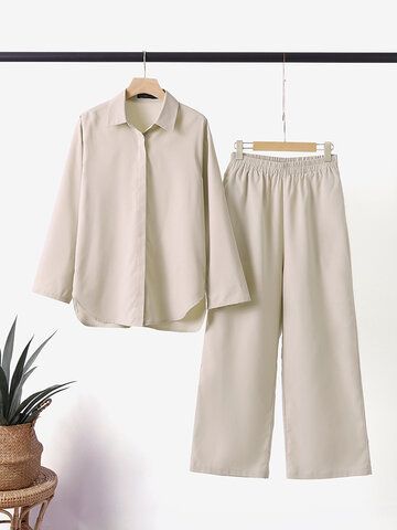 I found this amazing Solid Long Sleeve Lapel Wide Leg Two Pieces Suit with US$38.99,and 14 days return or refund guarantee protect to us. --Newchic Dirndl, Womens Linen Clothing, Casual Chique, Casual Long Sleeve Shirts, Loungewear Sets, Loose Outfit, Turndown Collar, Loose Pants, Complete Outfits