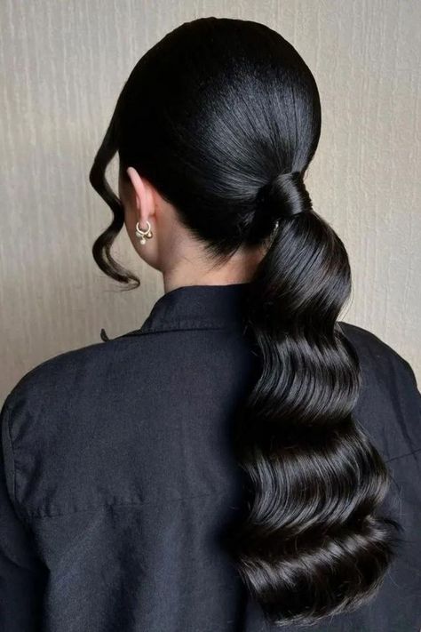 Low Wavy Ponytail High Neck Dress Hair, Ponytail Bridal Hair, Hairstyles Balayage, Black Hair Updo Hairstyles, Pretty Braids, Wavy Ponytail, Guest Hair, Bridal Hair Updo, Hair Advice