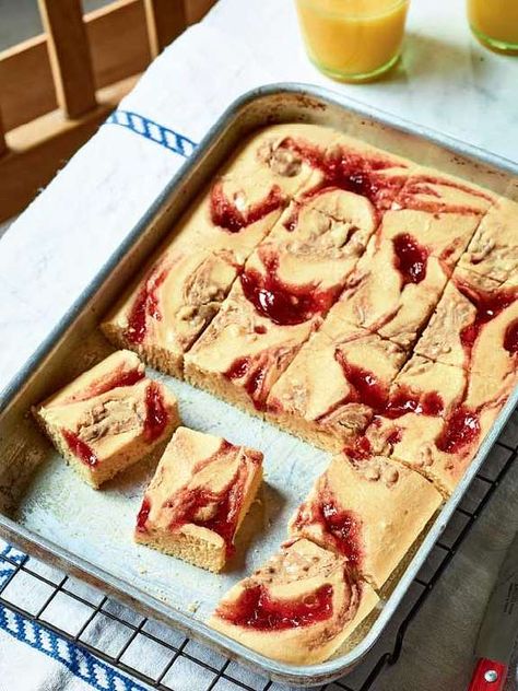 Nadiya Hussain's Peanut Butter  Jelly Traybake | Time to Eat BBC  Baked Pancakes Nadiya Hussain Recipes, Nadiya Hussain, Pudding Chia, Tray Bake Recipes, Peanut Recipes, Peanut Butter And Jelly, Peanut Butter Jelly, Weekend Breakfast, Time To Eat