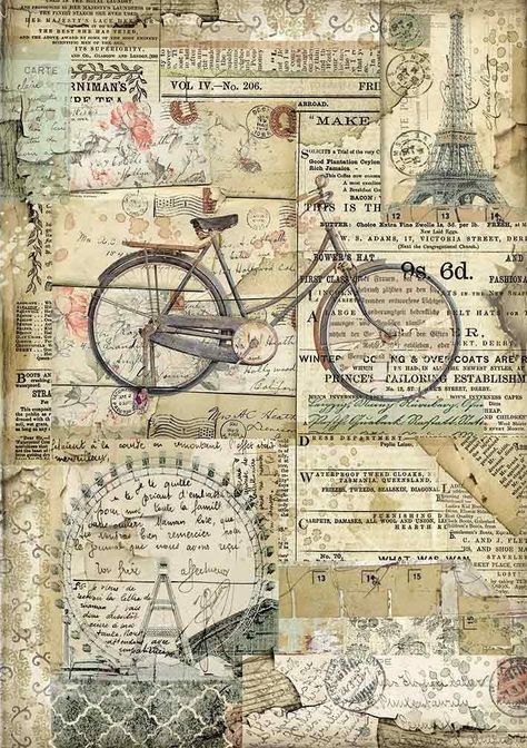 Stamperia Rice Paper A4 - BICYCLE (DFSA4458) Paper Bicycle, Image Zen, Scrapbook Paper Designs, Decoupage Paper Printable, Vintage Paper Printable, Decoupage Crafts, Scrapbook Vintage, Vintage Scrapbook Paper, Rice Paper For Decoupage