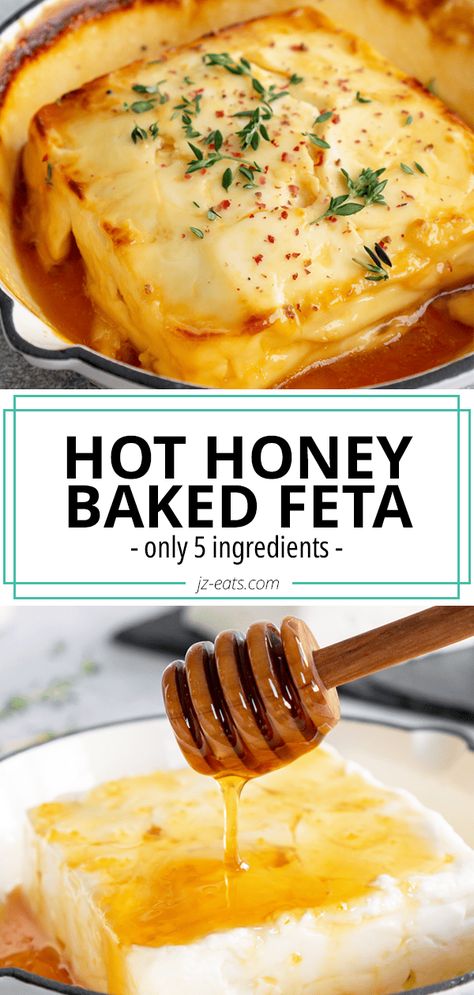 Hot Honey Baked Feta (5 Ingredients!) Baked Hot Honey Feta Dip, Hot Honey Cheese Board, Cheese With Honey Appetizers, Baked Feta With Honey And Thyme, Appetizer Recipes With Baguette, Honey Inspired Appetizers, Feta Cheese Charcuterie Board, Smoked Feta Cheese, Baked Feta Dip Recipes