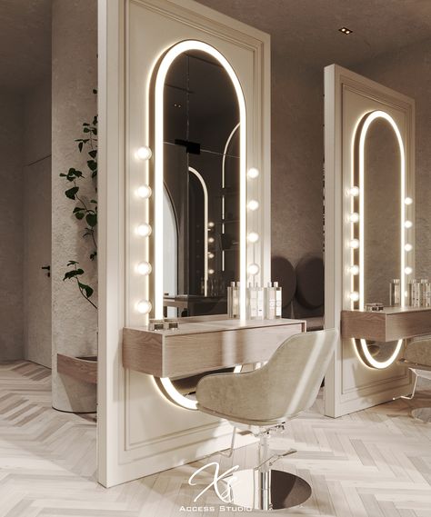 Beauty And Hair Salon Design, Beauty Room Inspo Interior Design, Makeup Area In Salon, Best Salon Lighting, Makeup Salon Interior Design, Studio Makeup Design, Makeup Salon Interior, Beauty Salon Plan, Makeup Room Salon