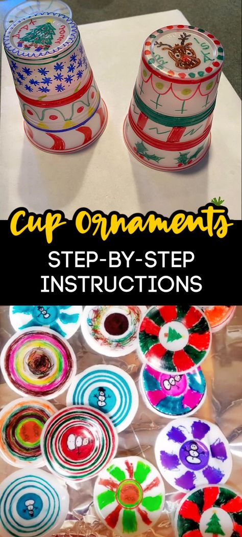 Christmas Ornaments Out Of Plastic Cups, Holiday Crafts For Classroom, Easy Christmas Crafts For Kids Ornaments, How To Make Christmas Ornaments Out Of Plastic Cups, Children’s Christmas Ornaments To Make, Shrinky Dink Cup Ornaments, Melted Cup Christmas Ornament, Coaster Christmas Craft Kids, Holiday Cup Craft